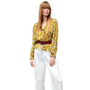 Zara Shirt Women Small Yellow Floral‎ Print Jacquard Ruffle Front Blouse Boho